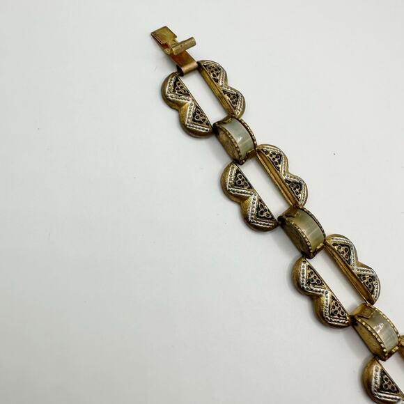 Vintage Bracelet 7" Spain Damascene Mother of Pearl Link Etched Copper Retro - Picture 7 of 11